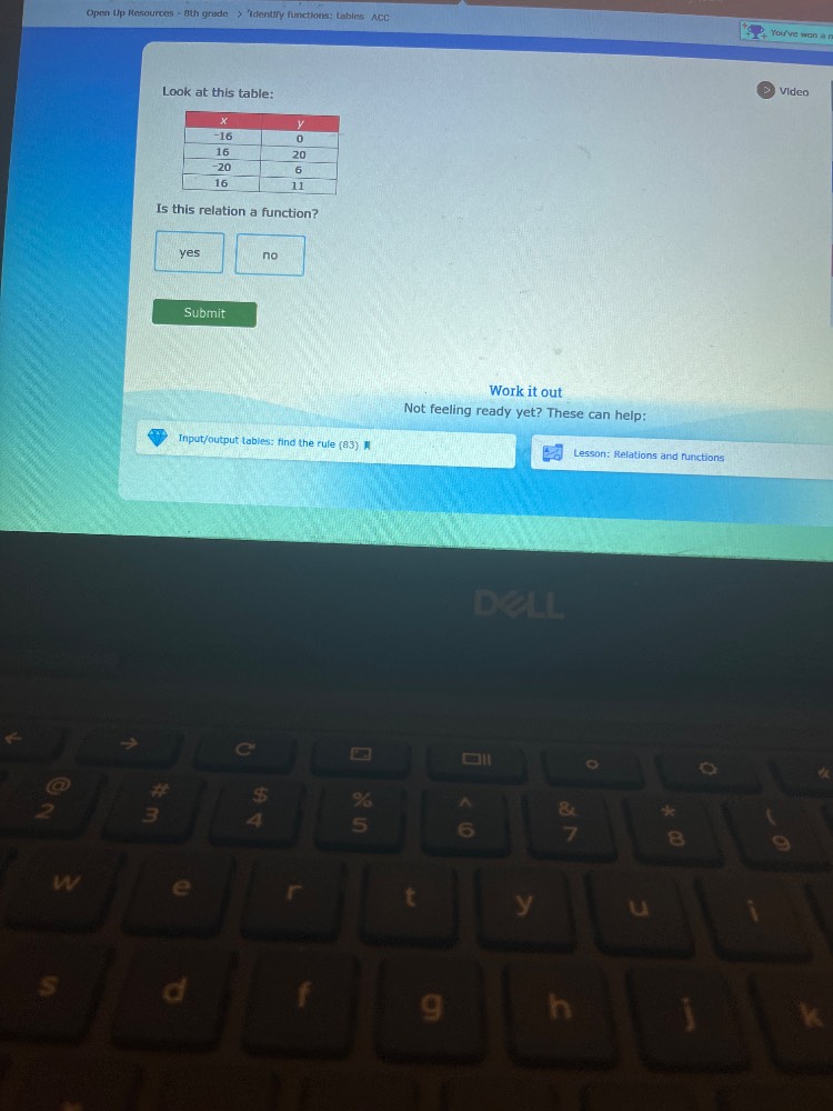 look at this table: x -16 16 -20 16 y 0 20 6 11 is this relation a func…