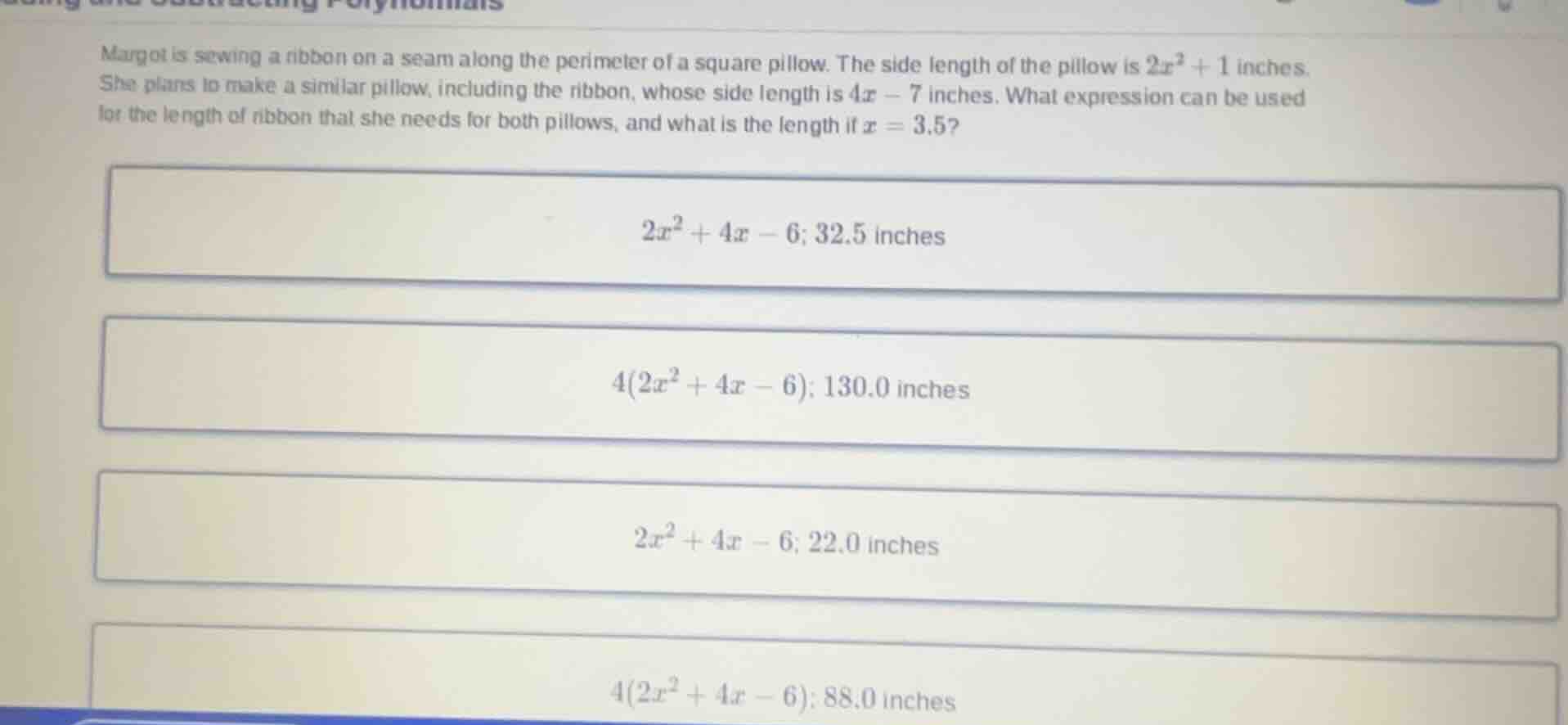 margot is sewing a ribbon on a seam along the perimeter of a square pil…