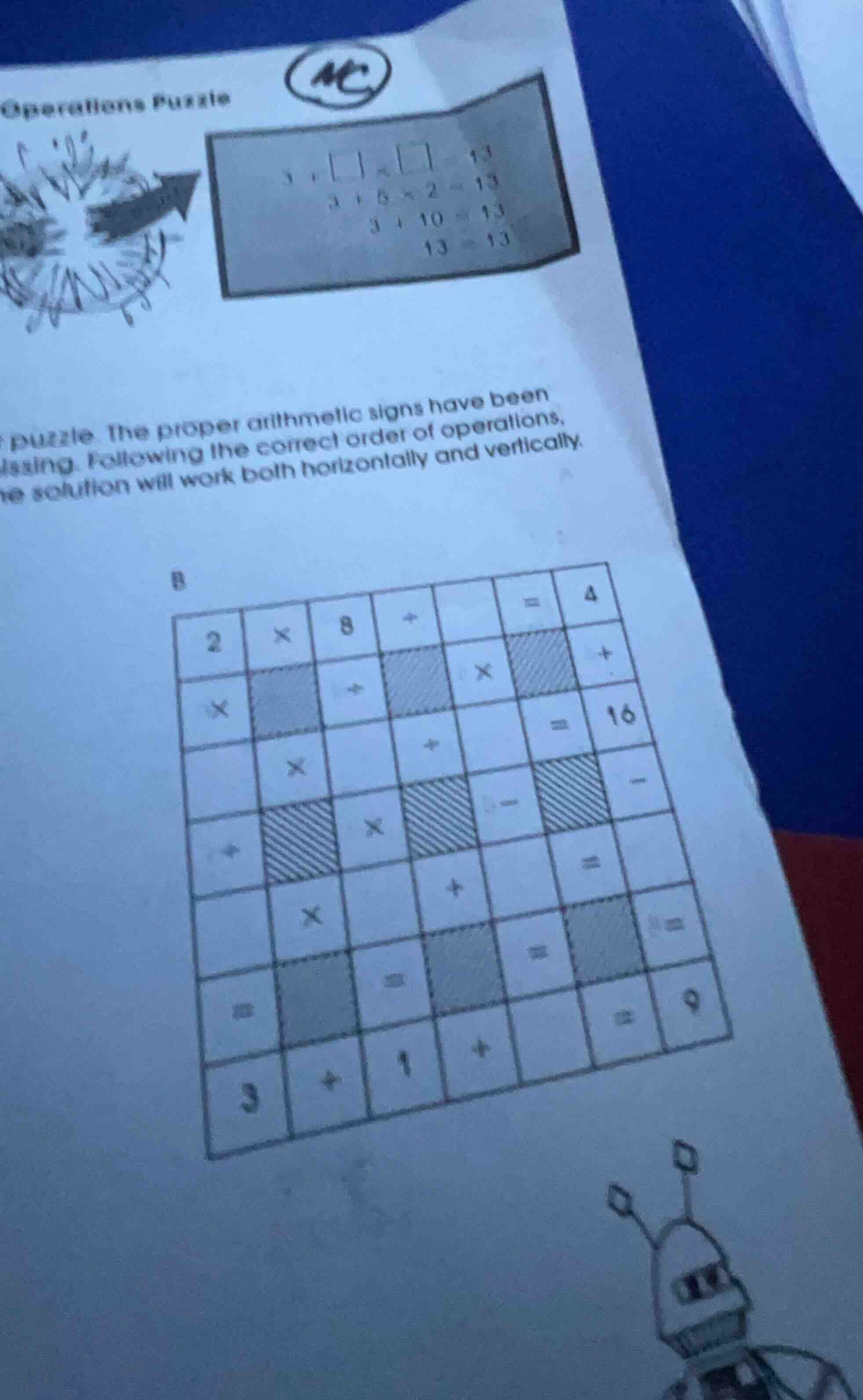 operations puzzle $3 + \\square \\times \\square = 13$ $3 + 5 \\times 2…