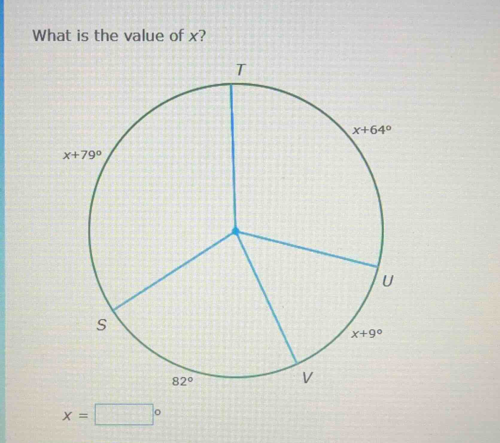 what is the value of x? $x+79^\\circ$ $x+64^\\circ$ $x+9^\\circ$ $82^\\…
