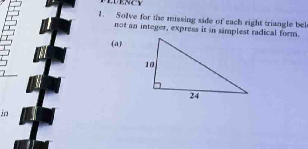 1. solve for the missing side of each right triangle below. if not an i…