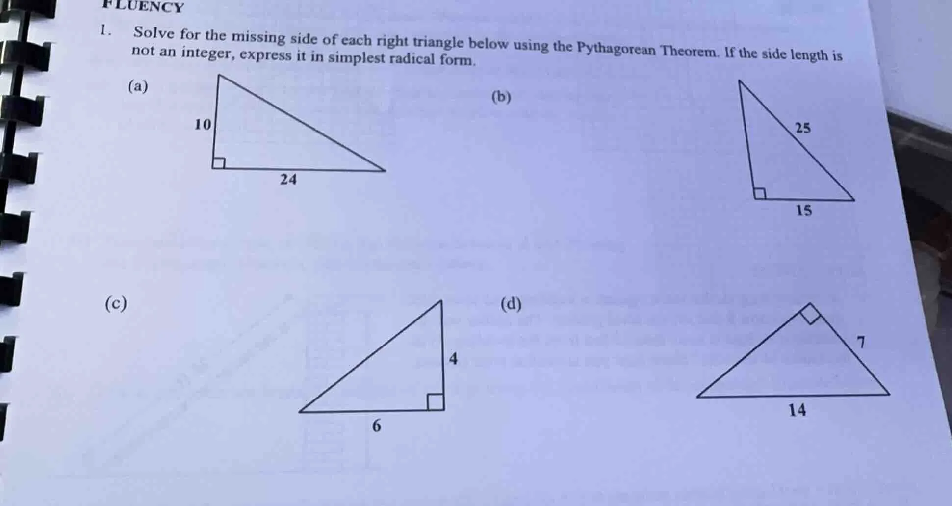 fluency 1. solve for the missing side of each right triangle below usin…