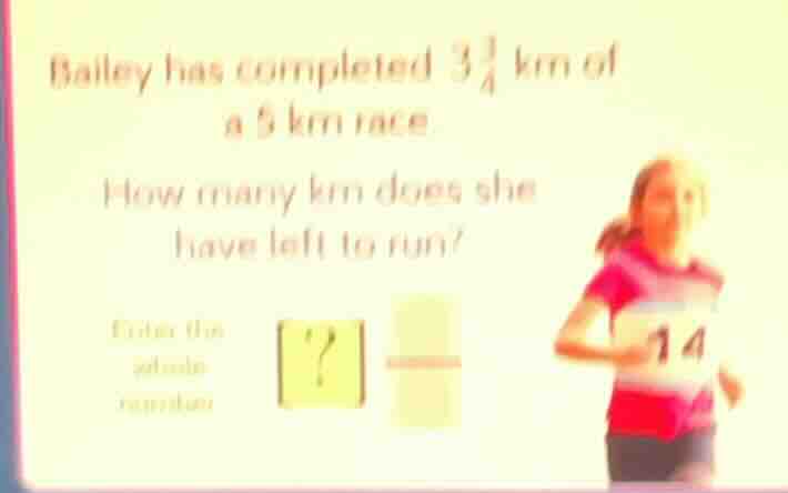 bailey has completed $3\\frac{3}{4}$ km of a 5 km race. how many km doe…