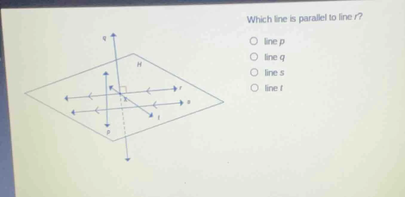 which line is parallel to line r?○ line p○ line q○ line s○ line t