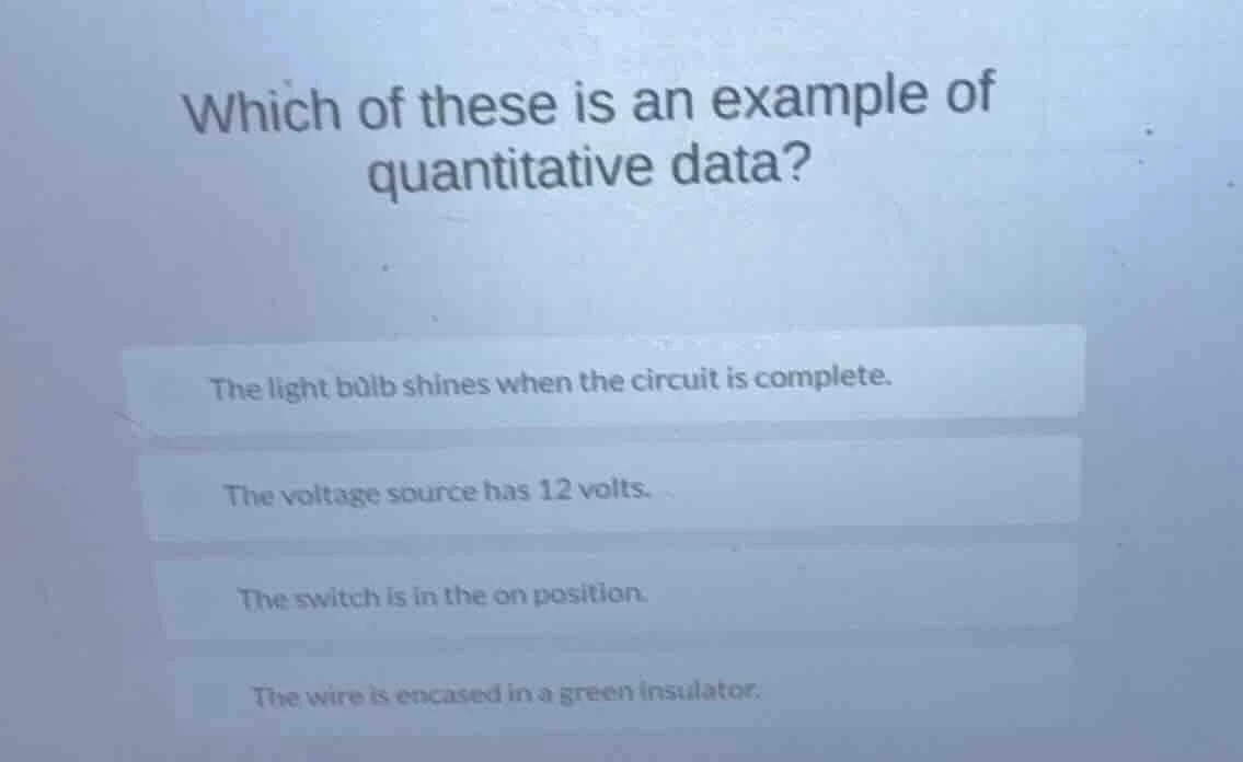 which of these is an example of quantitative data? the light bulb shine…