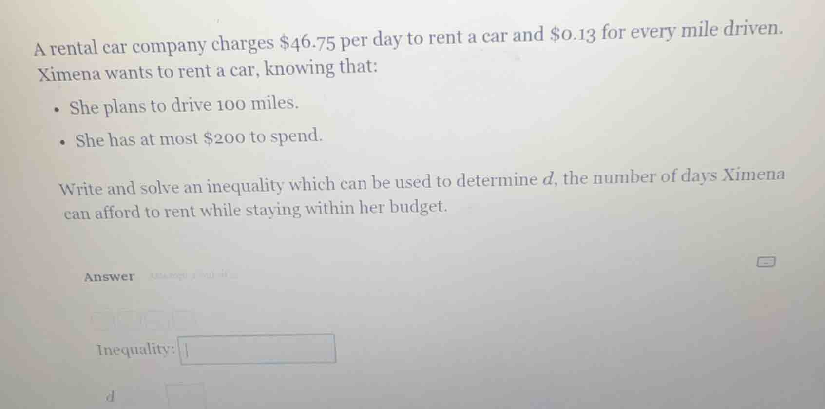a rental car company charges $46.75 per day to rent a car and $0.13 for…