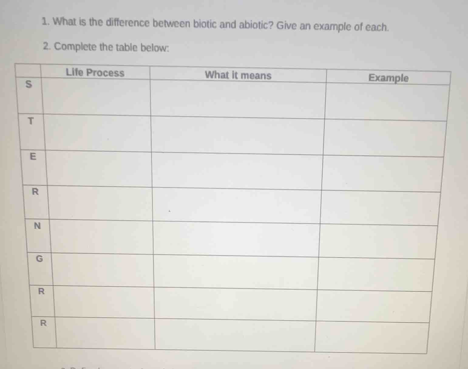 1. what is the difference between biotic and abiotic? give an example o…
