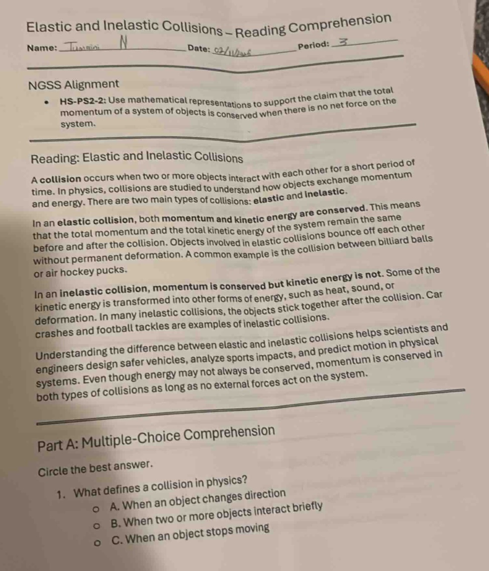 elastic and inelastic collisions – reading comprehension name: date: pe…