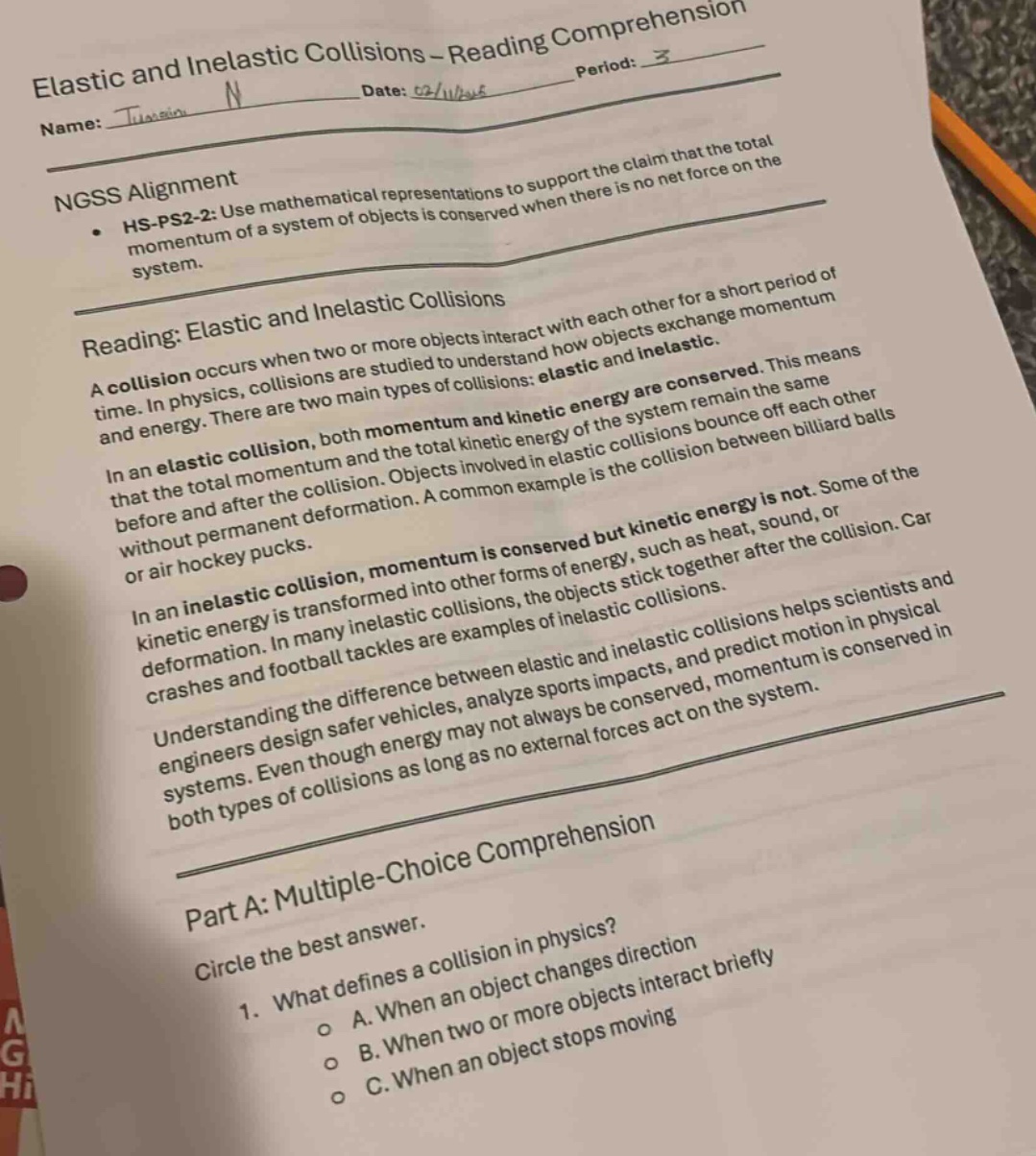 elastic and inelastic collisions – reading comprehensionname: date: 02/…