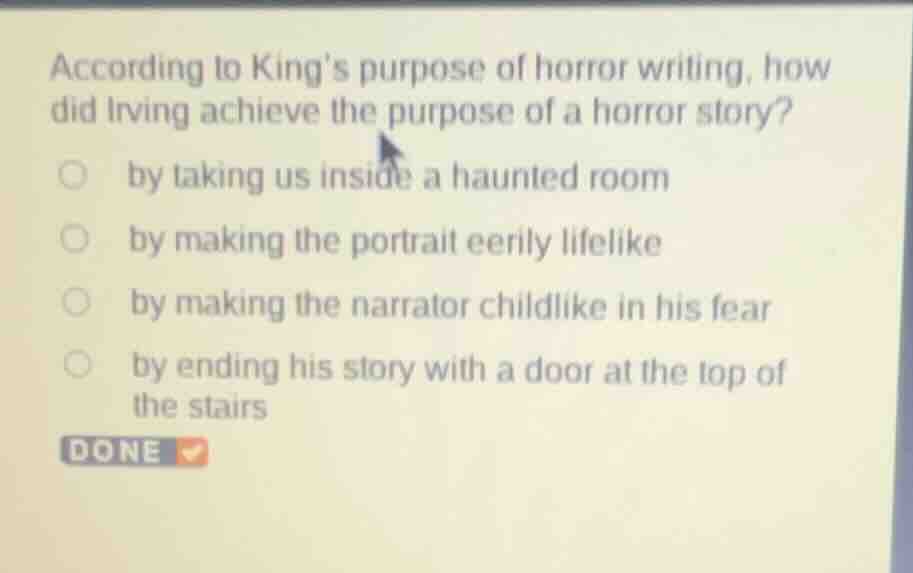 according to kings purpose of horror writing, how did irving achieve th…