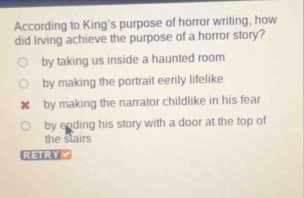 according to kings purpose of horror writing, how did irving achieve th…