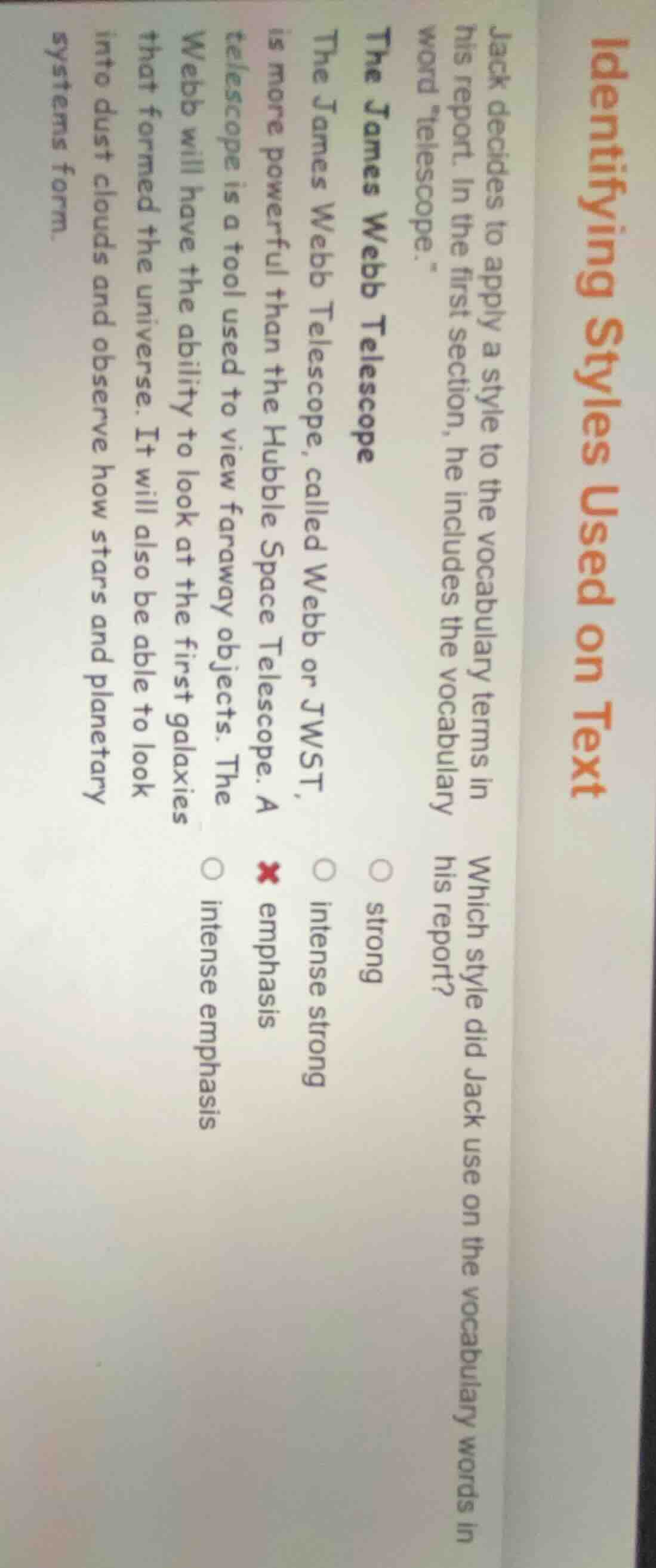 identifying styles used on text jack decides to apply a style to the vo…