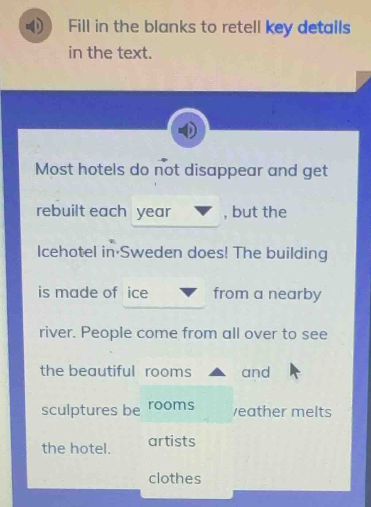 fill in the blanks to retell key details in the text. most hotels do no…