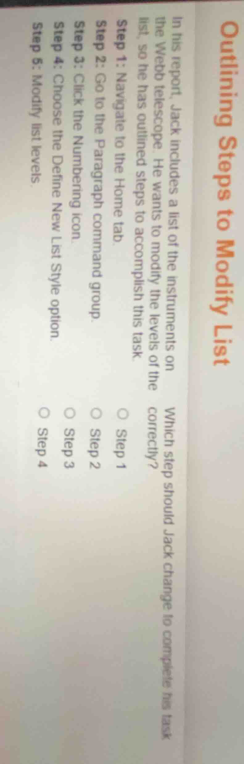 outlining steps to modify list in his report, jack includes a list of t…