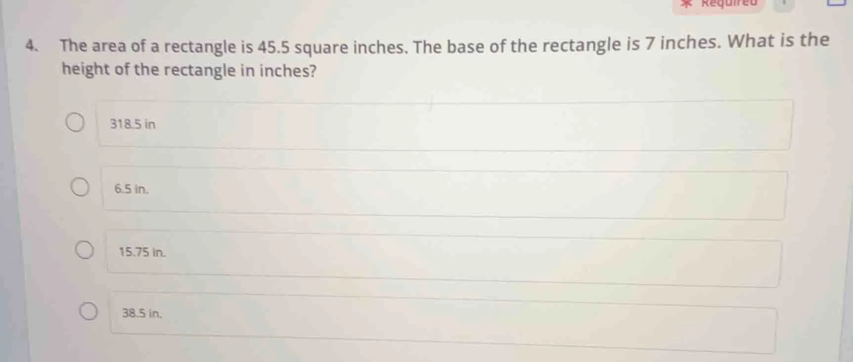 4. the area of a rectangle is 45.5 square inches. the base of the recta…