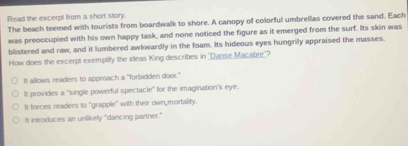 read the excerpt from a short story. the beach teemed with tourists fro…