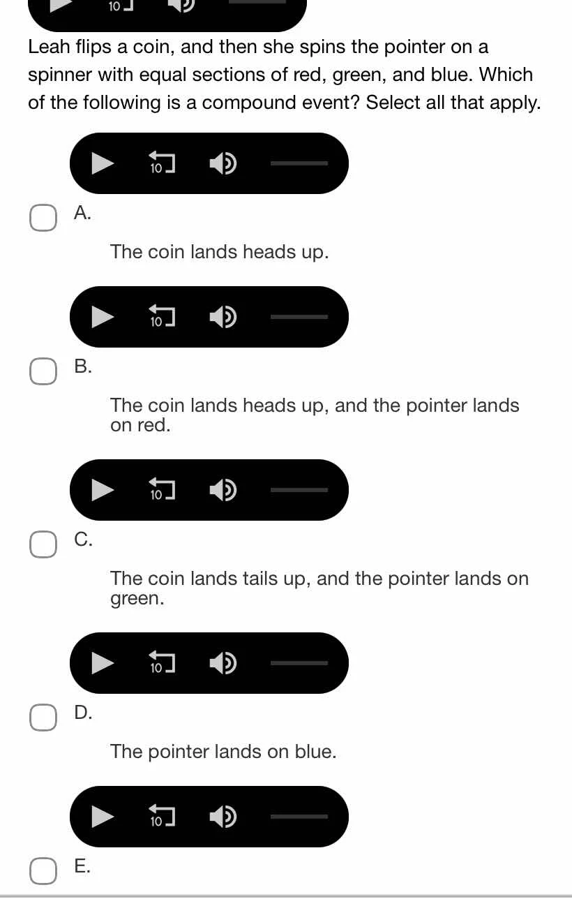 leah flips a coin, and then she spins the pointer on a spinner with equ…
