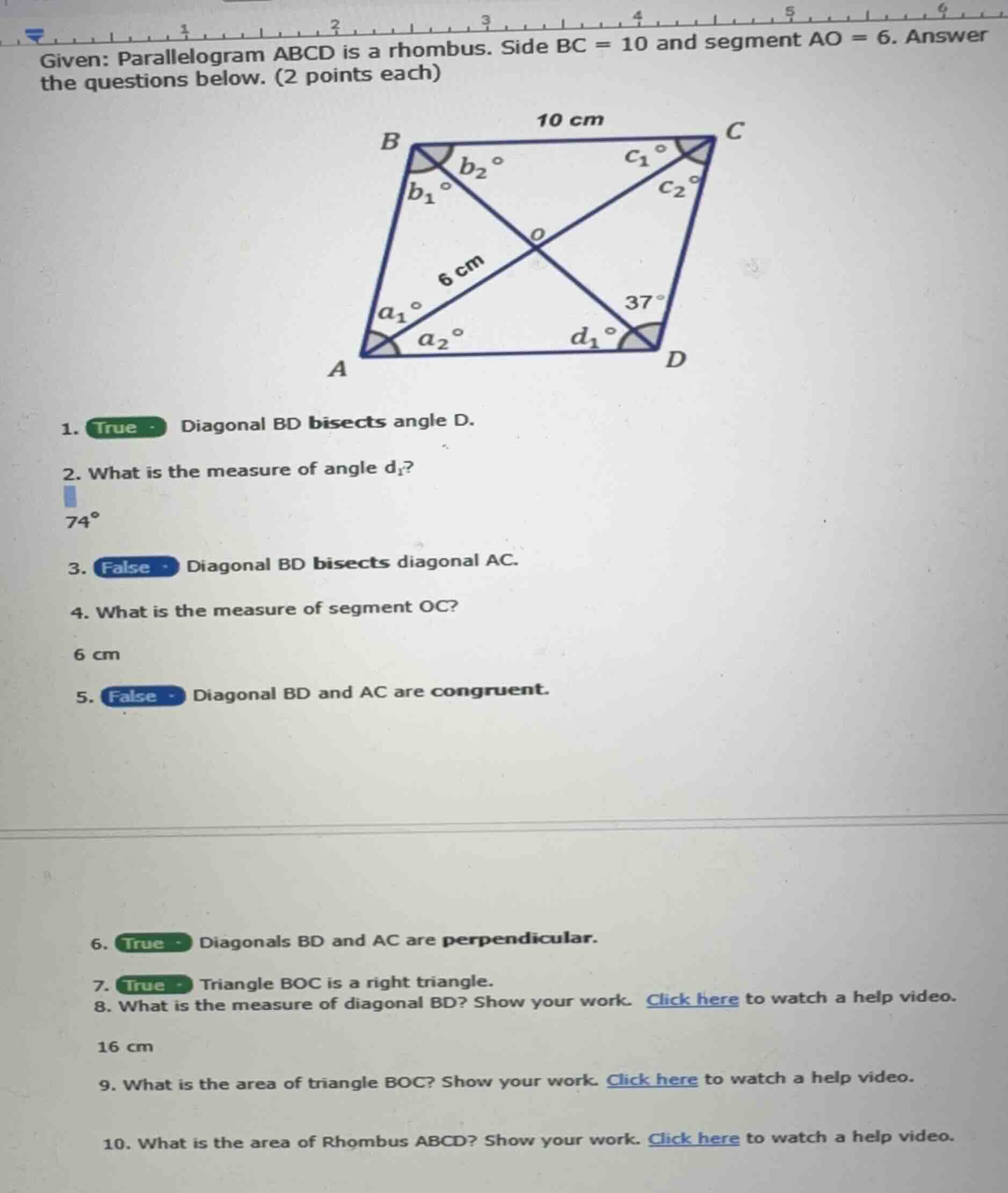 given: parallelogram abcd is a rhombus. side bc = 10 and segment ao = 6…