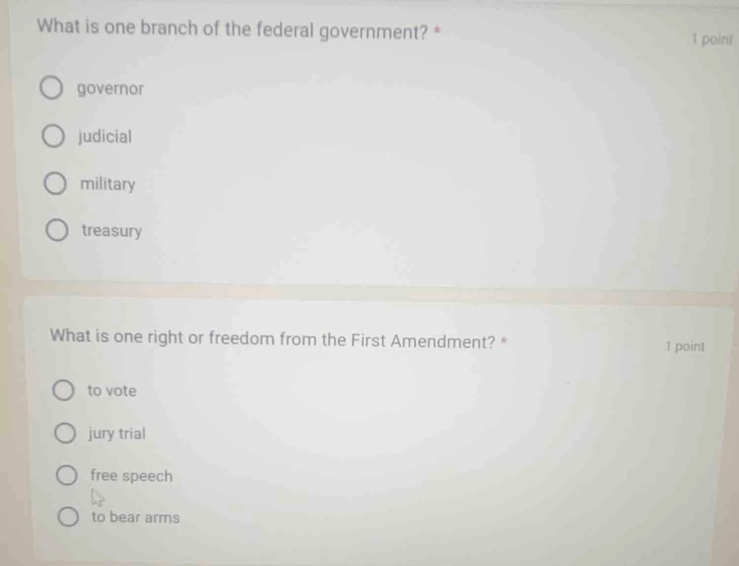 what is one branch of the federal government? * 1 point governor judici…