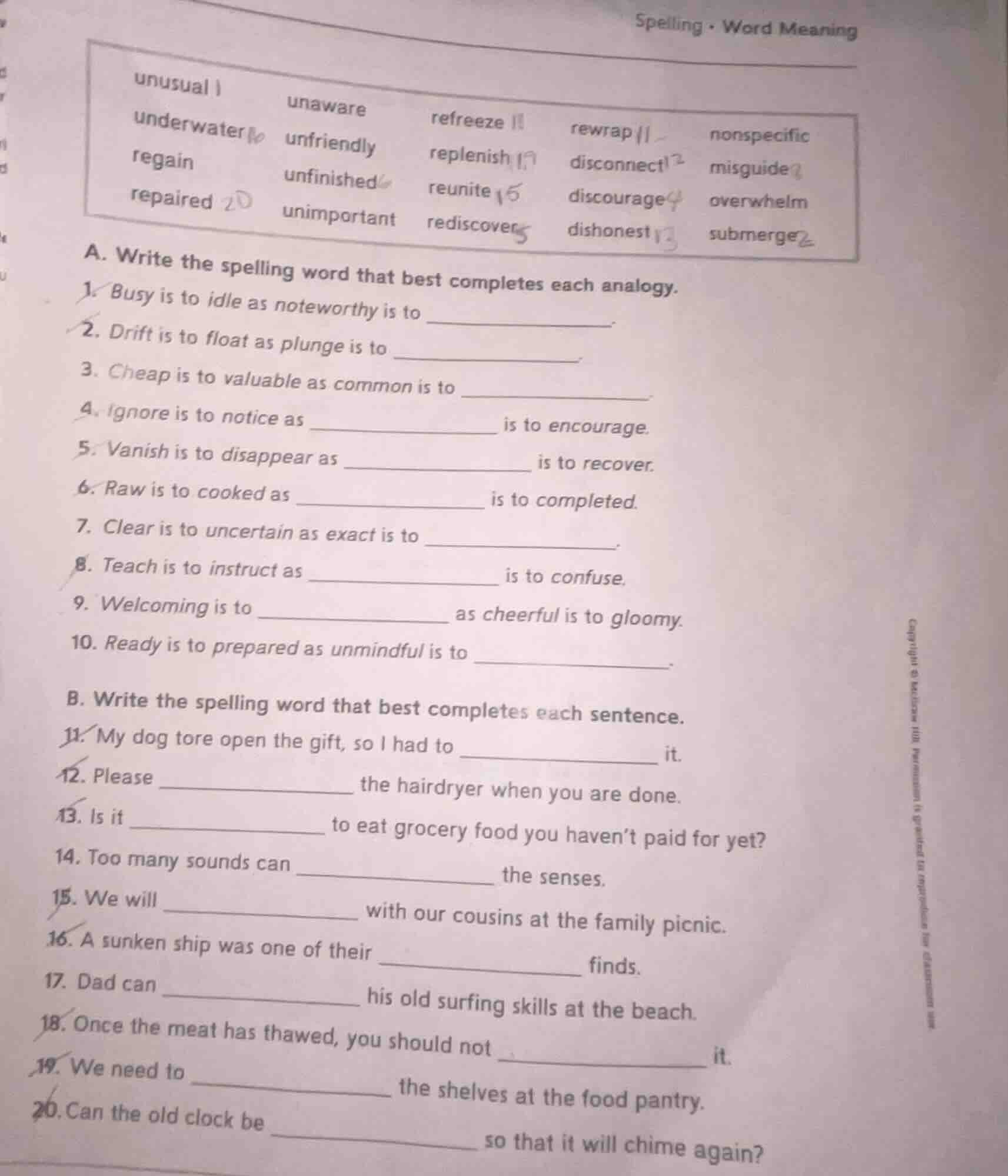 spelling · word meaning unusual underwater regain repaired unaware unfr…