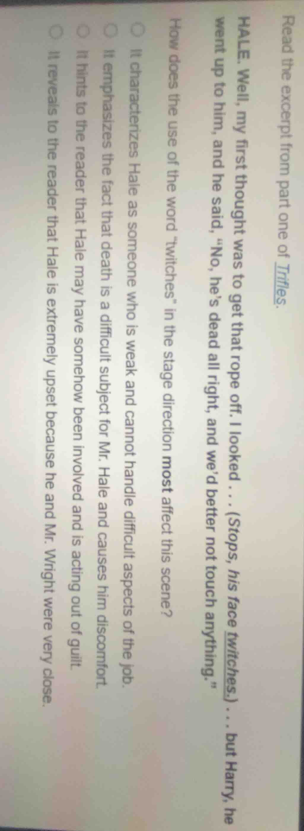 read the excerpt from part one of trifles.hale. well, my first thought …