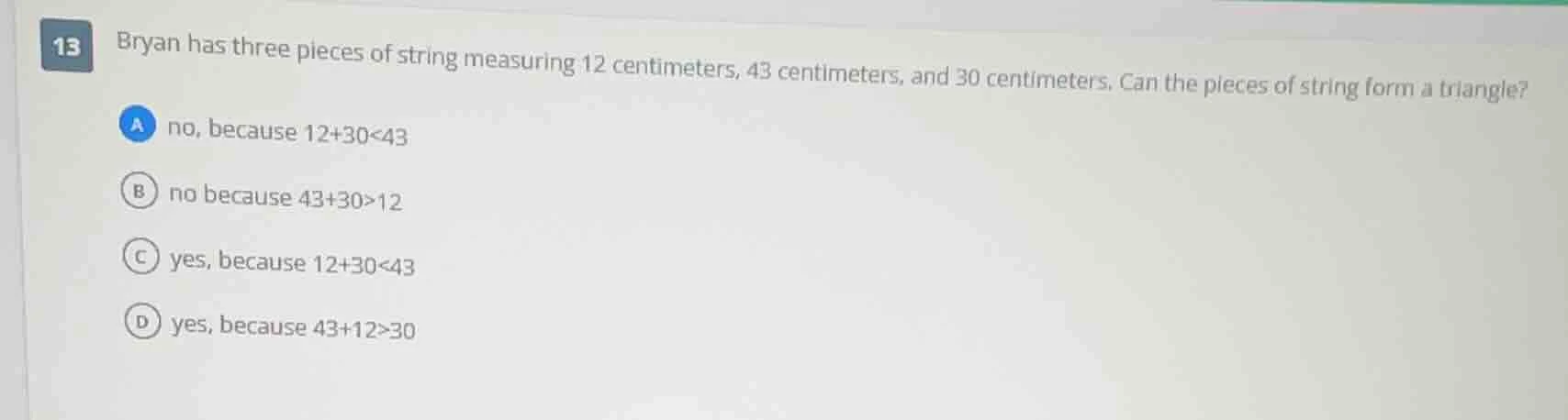 13 bryan has three pieces of string measuring 12 centimeters, 43 centim…