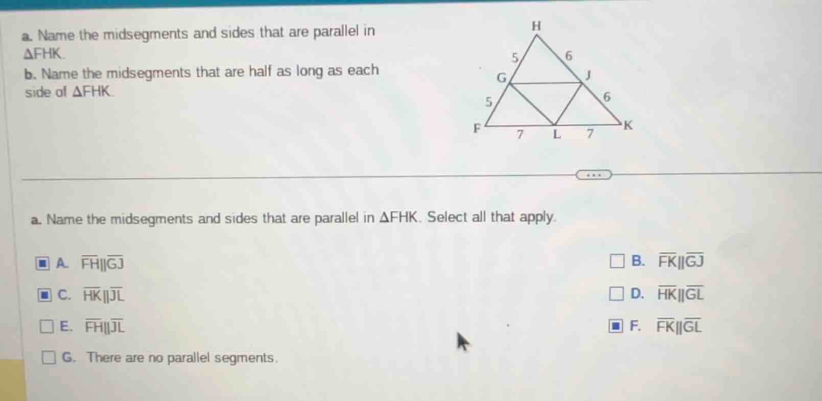 a. name the midsegments and sides that are parallel in $delta fhk$. b. …