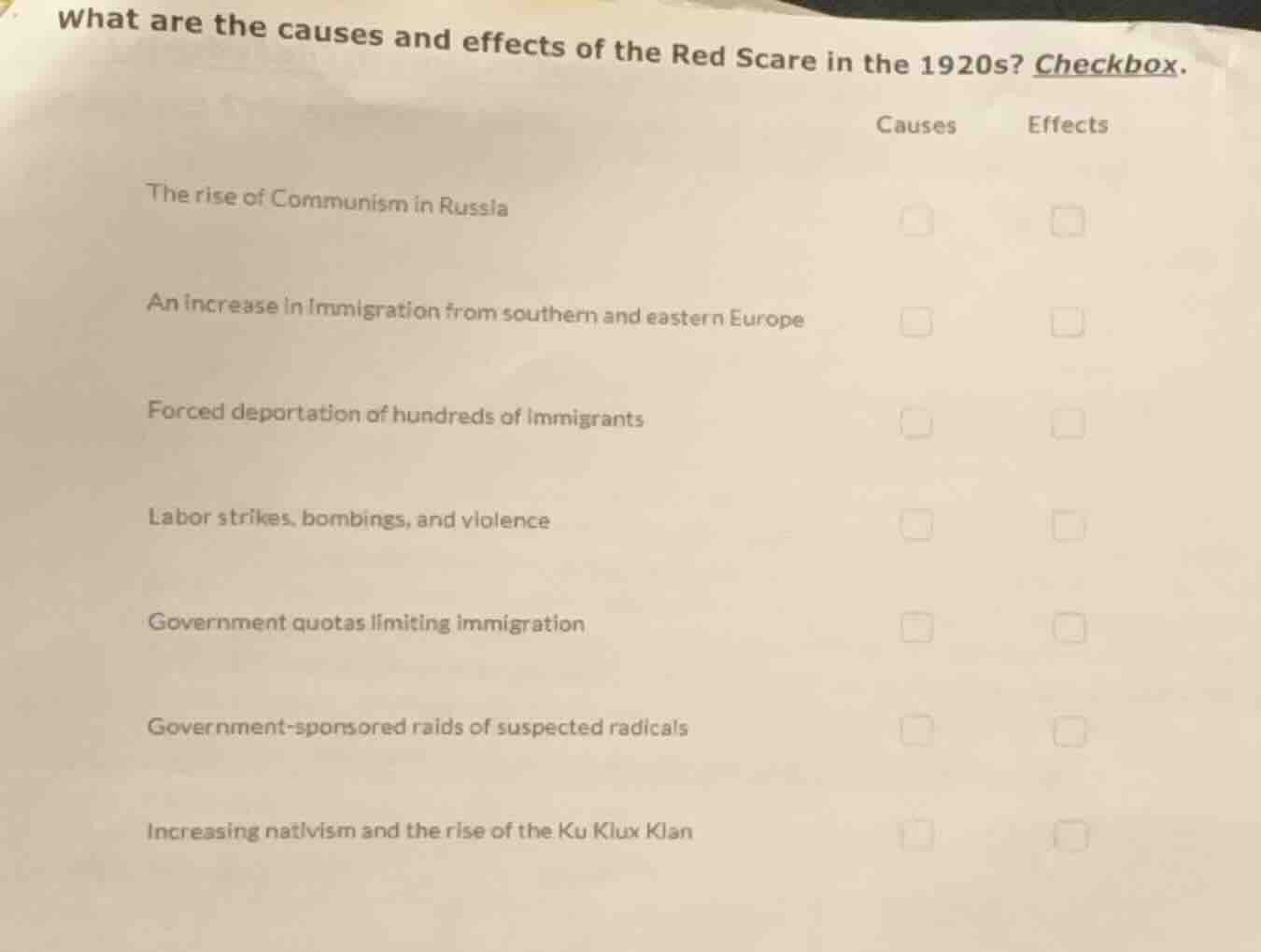 what are the causes and effects of the red scare in the 1920s? checkbox…