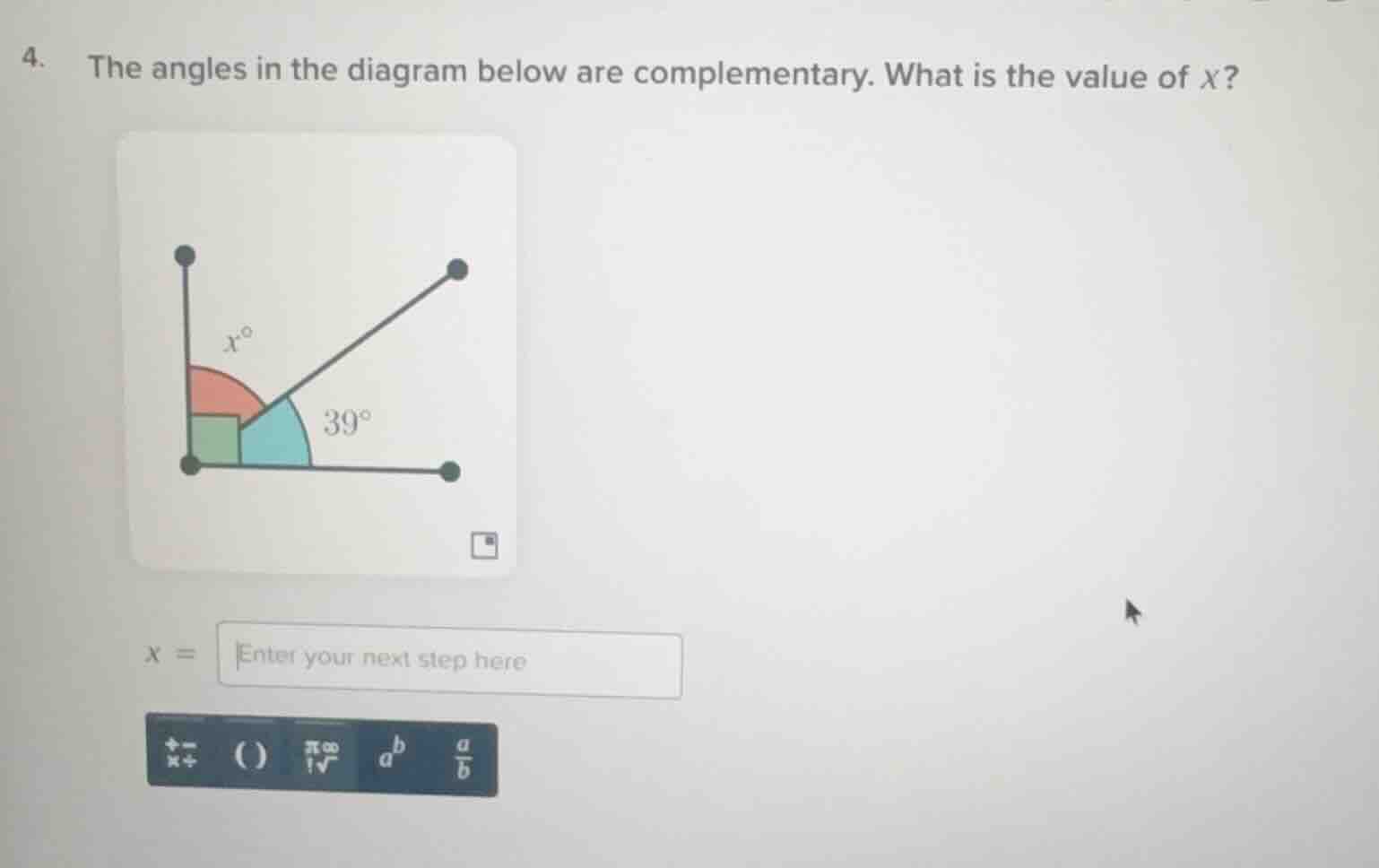 4. the angles in the diagram below are complementary. what is the value…