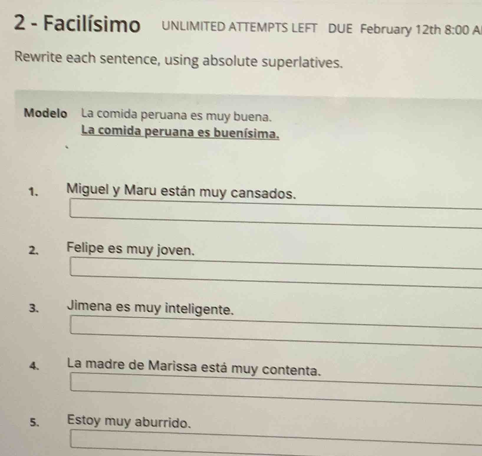 2 - facilísimo unlimited attempts left due february 12th 8:00 am rewrit…