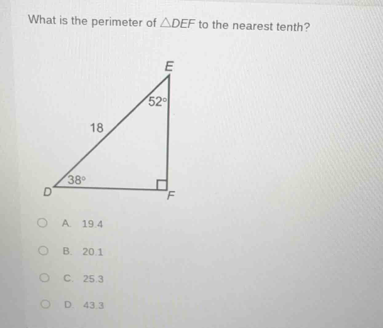 what is the perimeter of $\triangle def$ to the nearest tenth?a. 19.4b.…