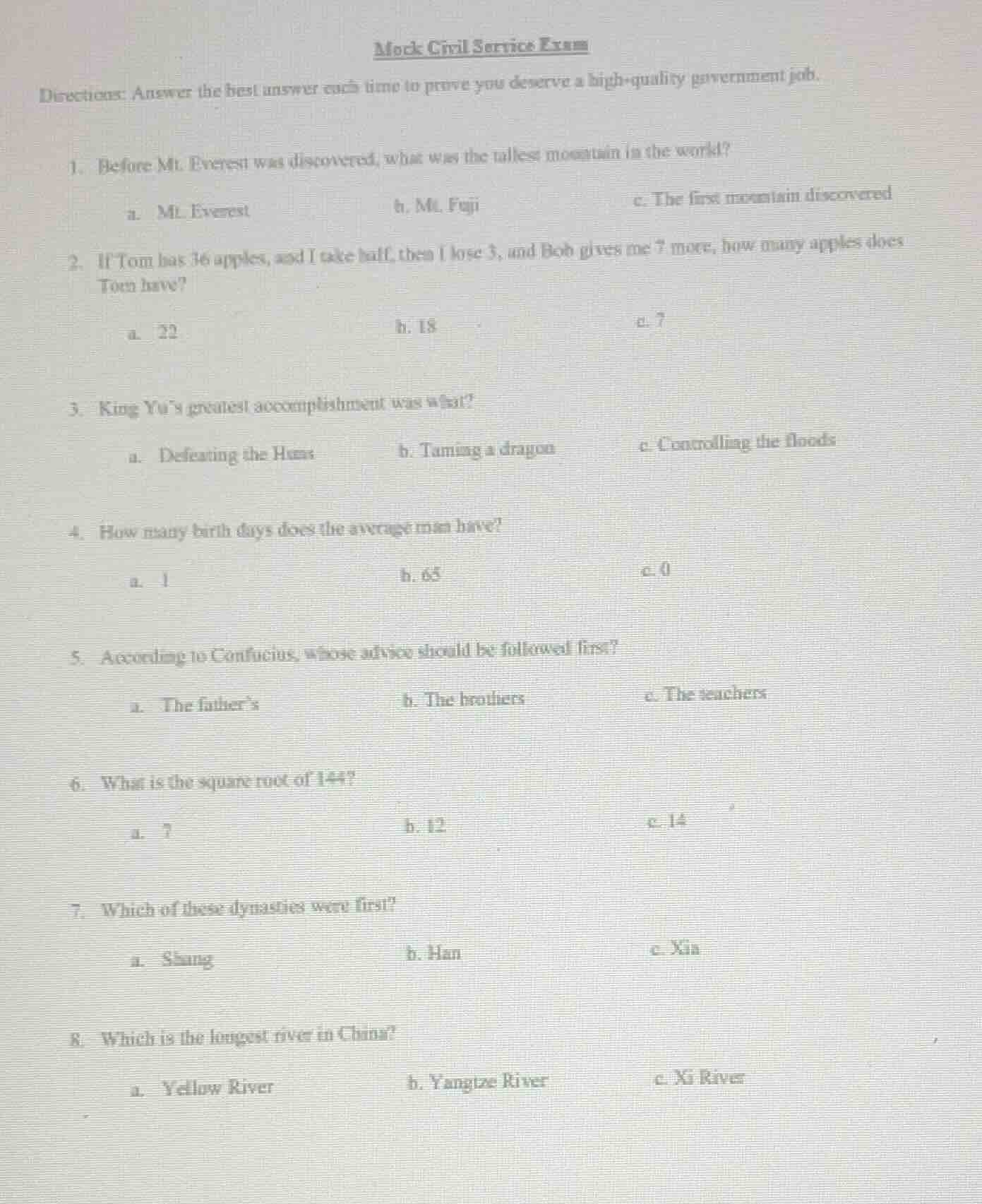 mock civil service examdirections: answer the best answer each time to …