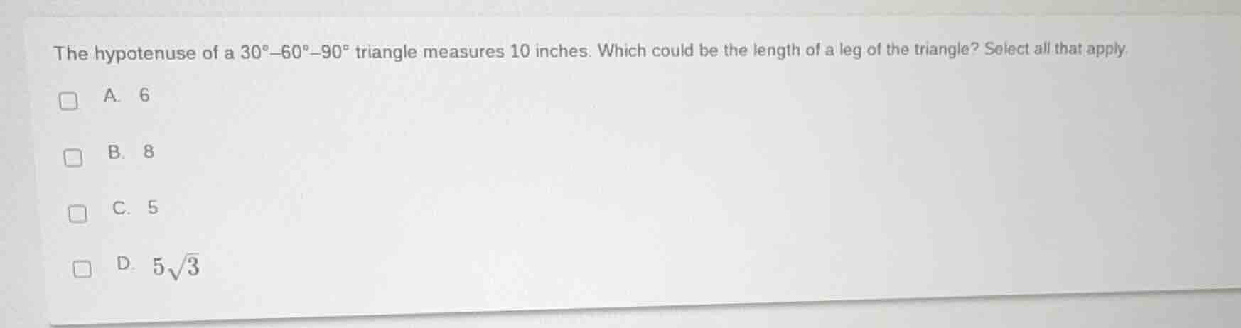 the hypotenuse of a $30^\\circ$-$60^\\circ$-$90^\\circ$ triangle measur…