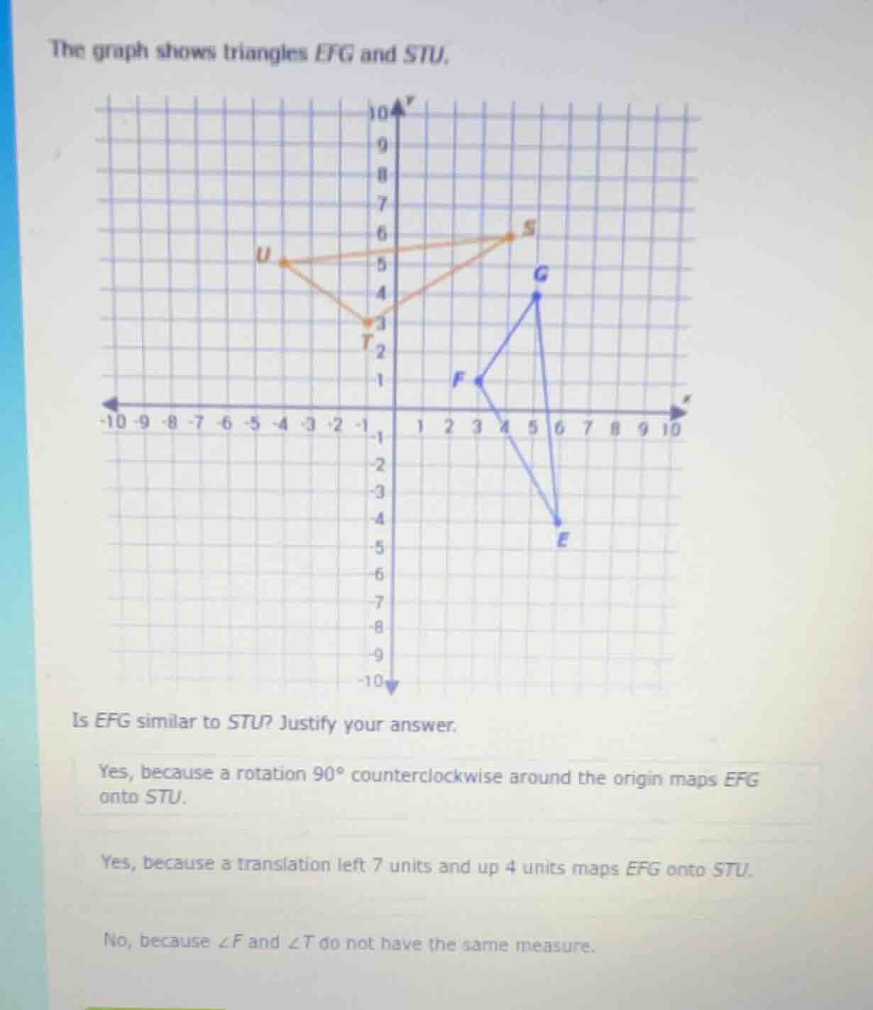 the graph shows triangles efg and stu. is efg similar to stu? justify y…