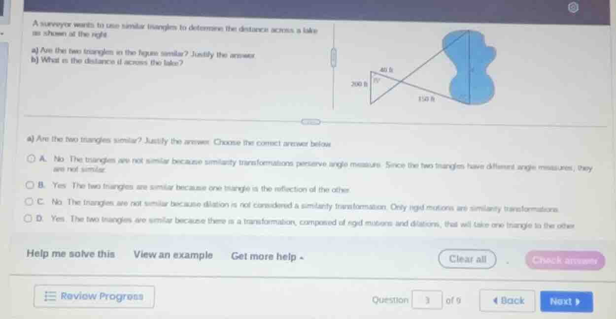 a surveyor wants to use similar triangles to determine the distance acr…