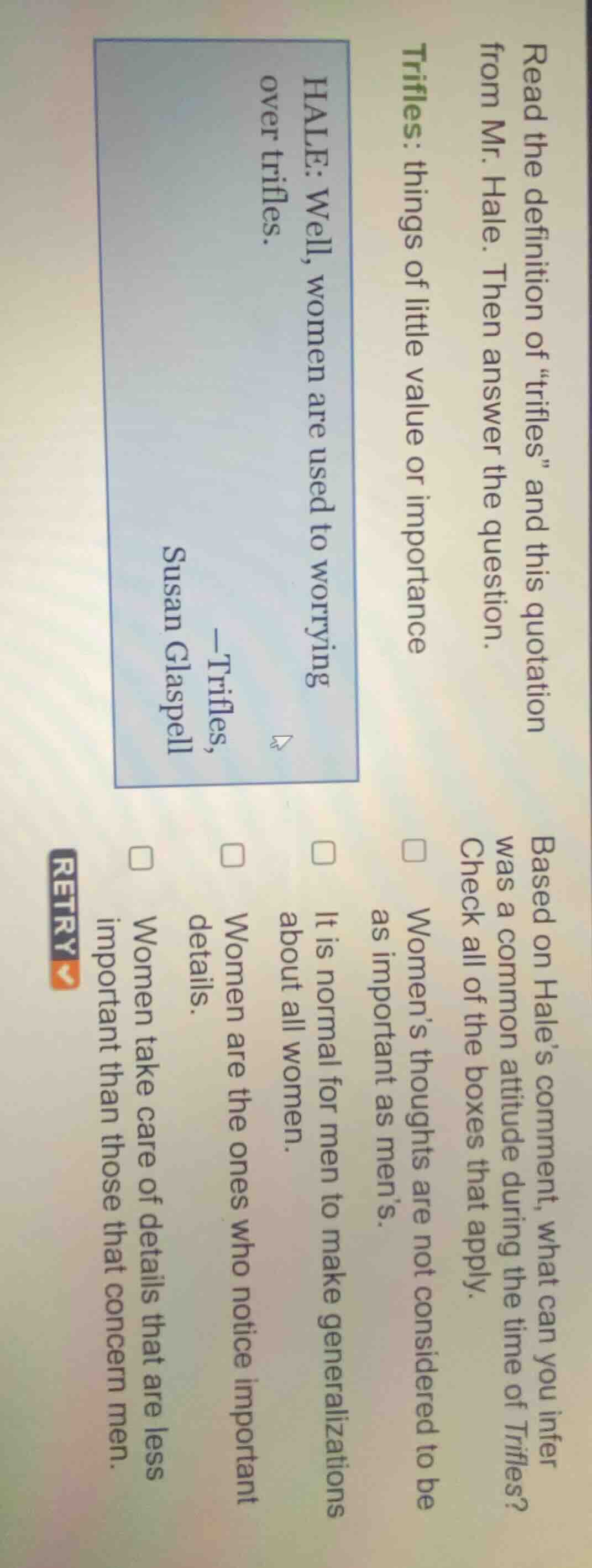 read the definition of \trifles\ and this quotation from mr. hale. then…