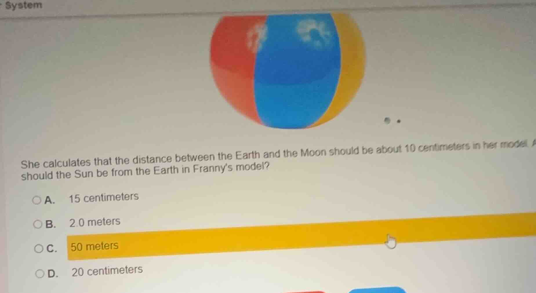 system she calculates that the distance between the earth and the moon …