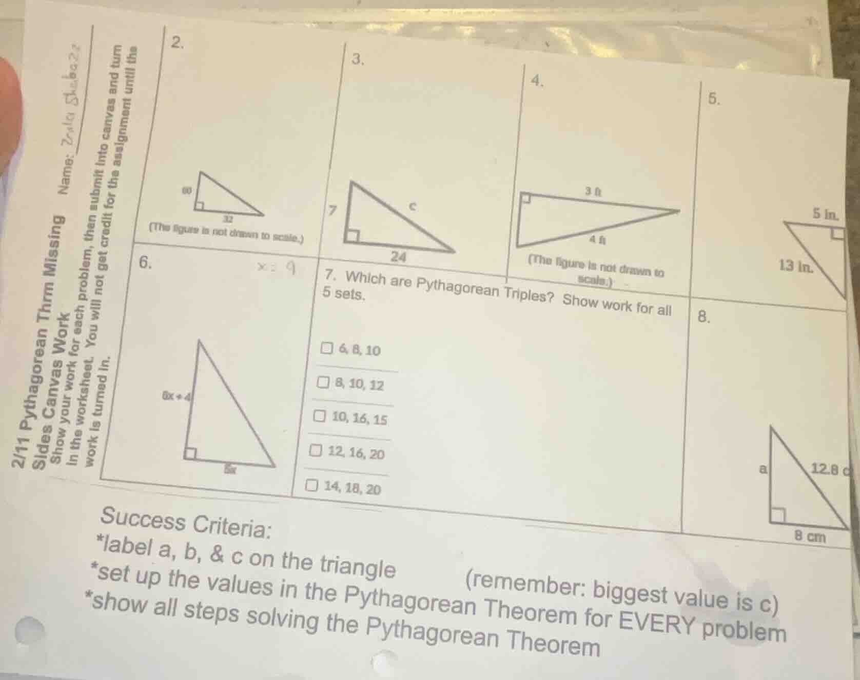 2/11 pythagorean thrm missing sides canvas work name: zyla sheba22 show…