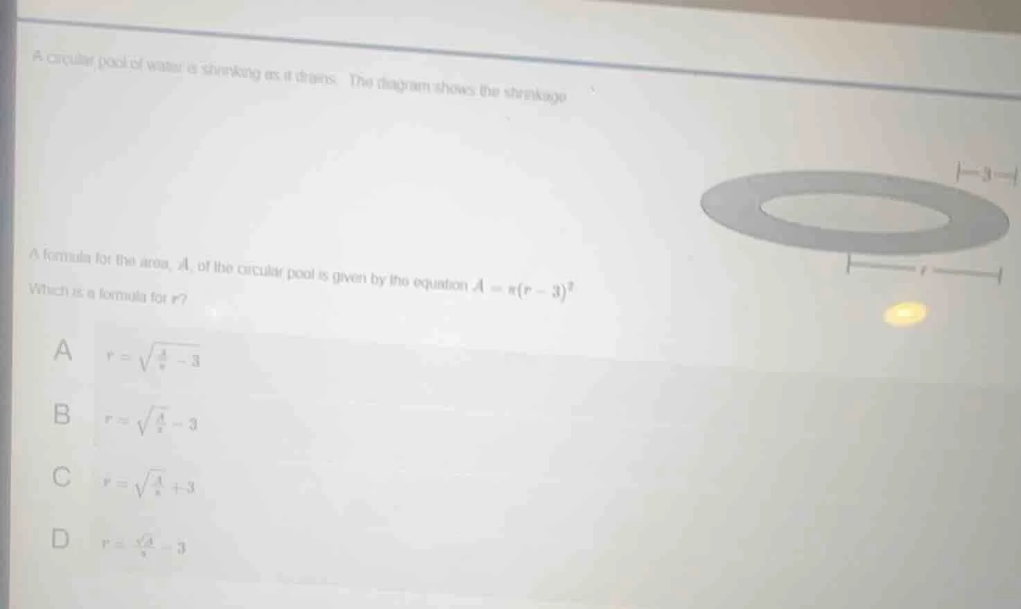 a circular pool of water is shrinking as it drains. the diagram shows t…
