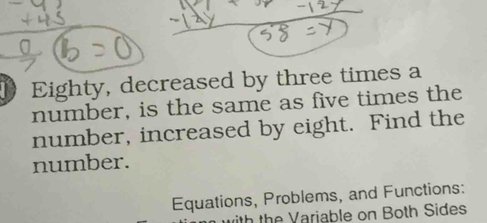 eighty, decreased by three times a number, is the same as five times th…