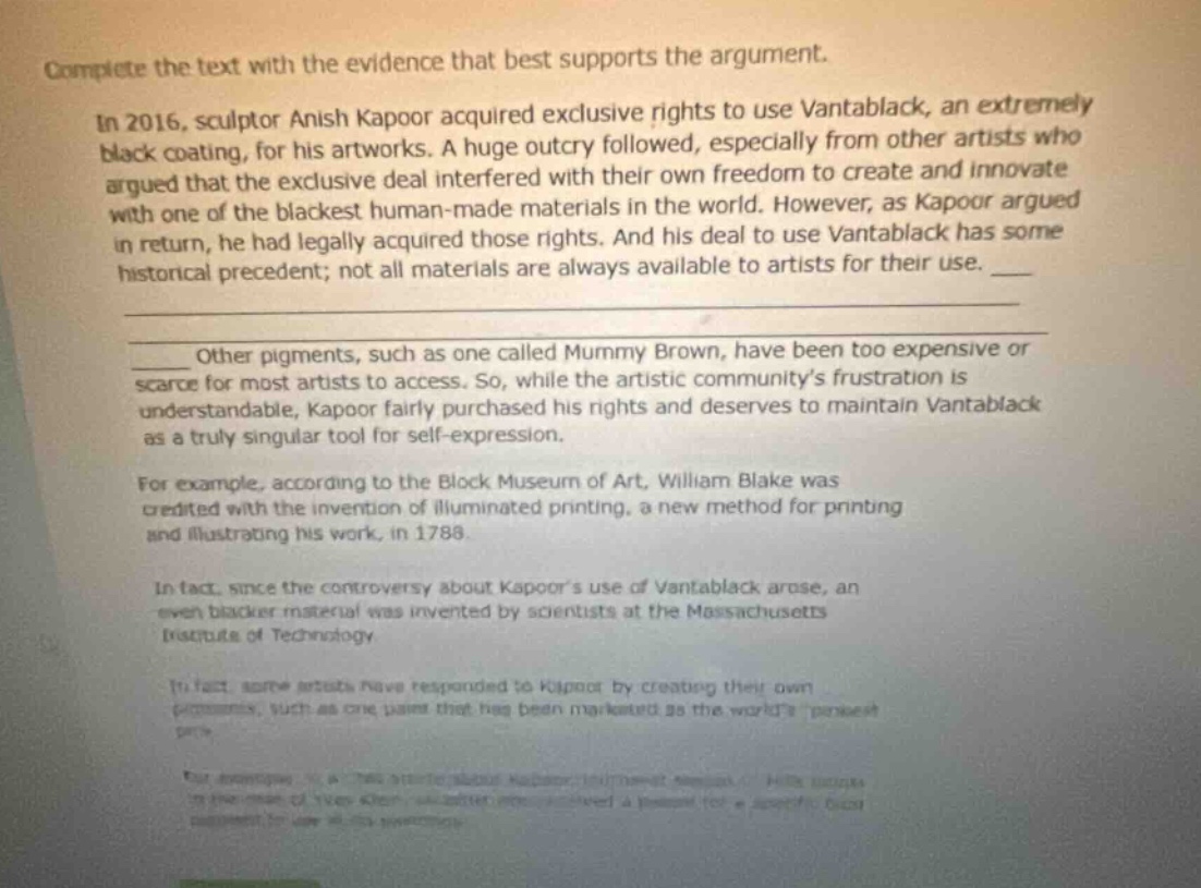 complete the text with the evidence that best supports the argument. in…