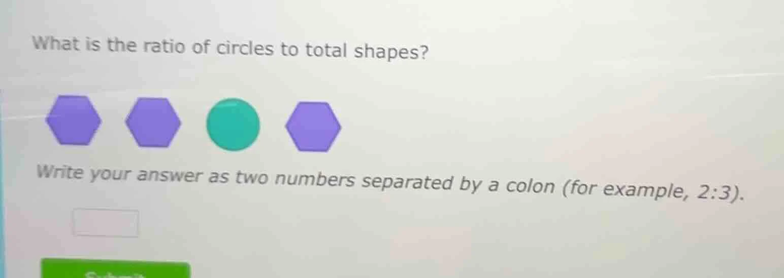 what is the ratio of circles to total shapes? write your answer as two …