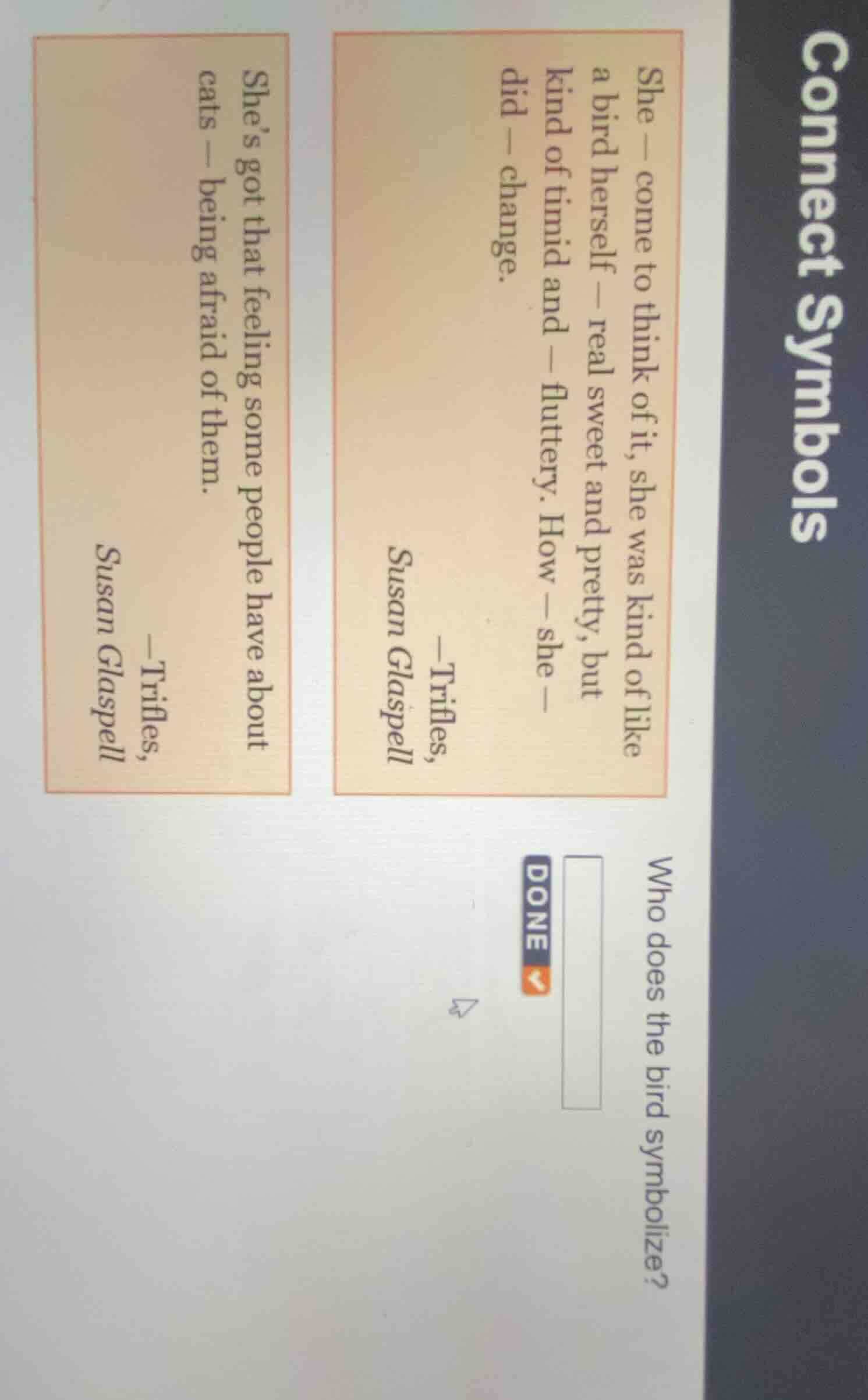 connect symbols who does the bird symbolize? she — come to think of it,…