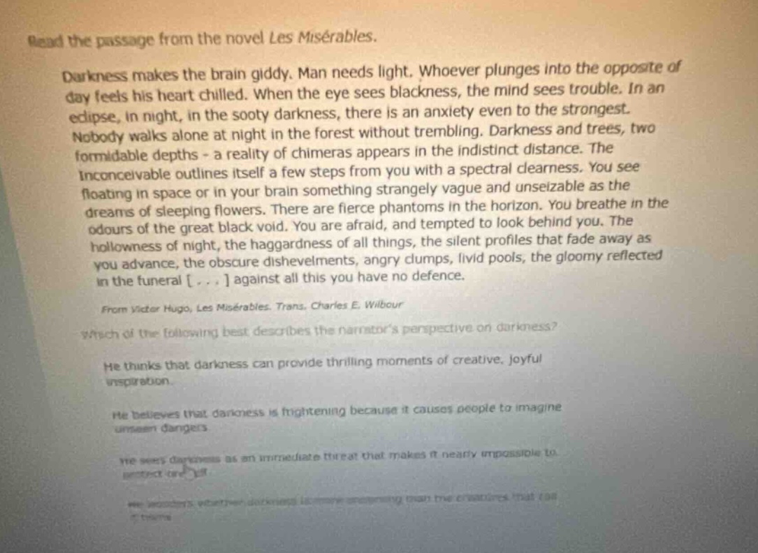 read the passage from the novel les misérables. darkness makes the brai…