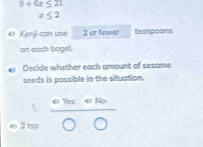 $9 + 6x \\leq 21$ $x \\leq 2$ kenji can use 2 or fewer teaspoons on eac…