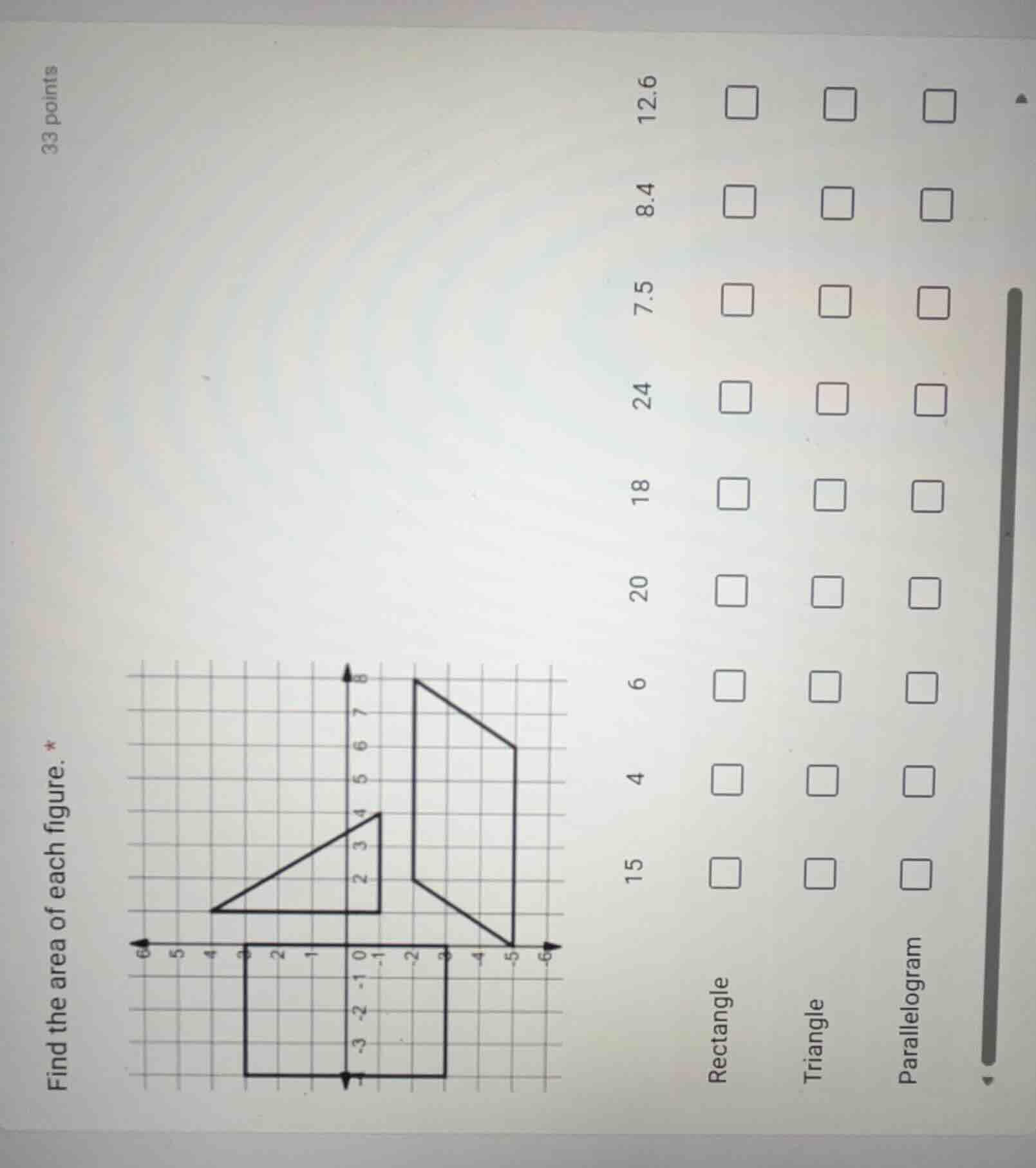 33 points find the area of each figure. * rectangle triangle parallelog…