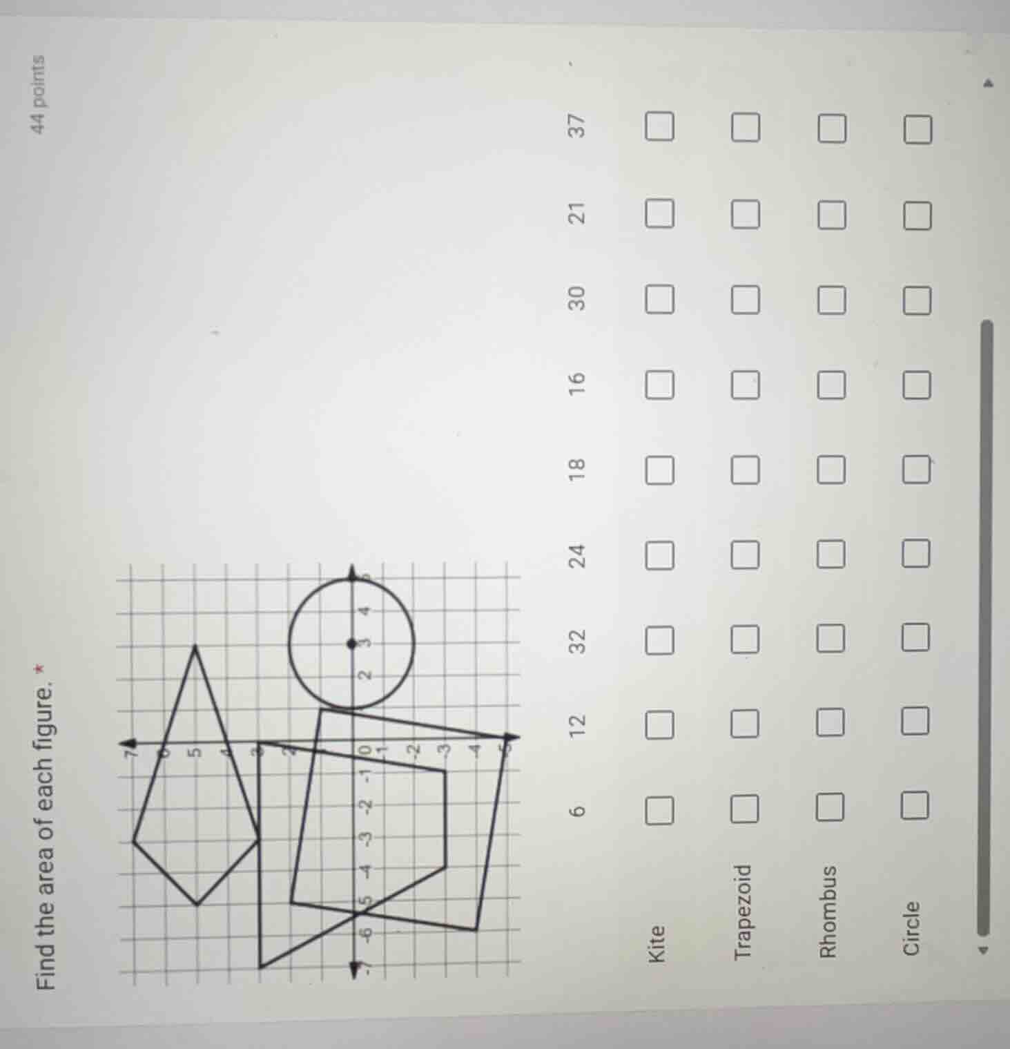 44 points find the area of each figure. * kite trapezoid rhombus circle…