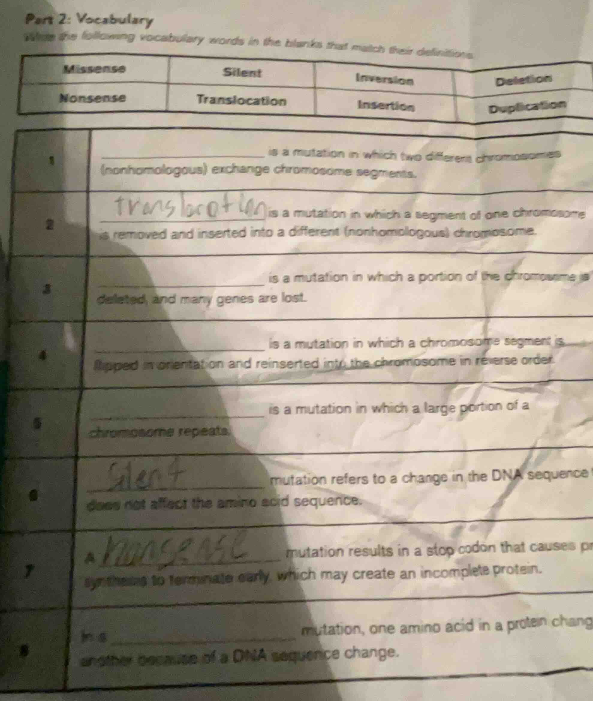 part 2: vocabulary write the following vocabulary words in the blanks t…