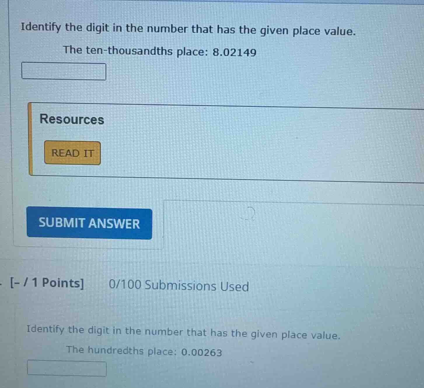 identify the digit in the number that has the given place value. the te…