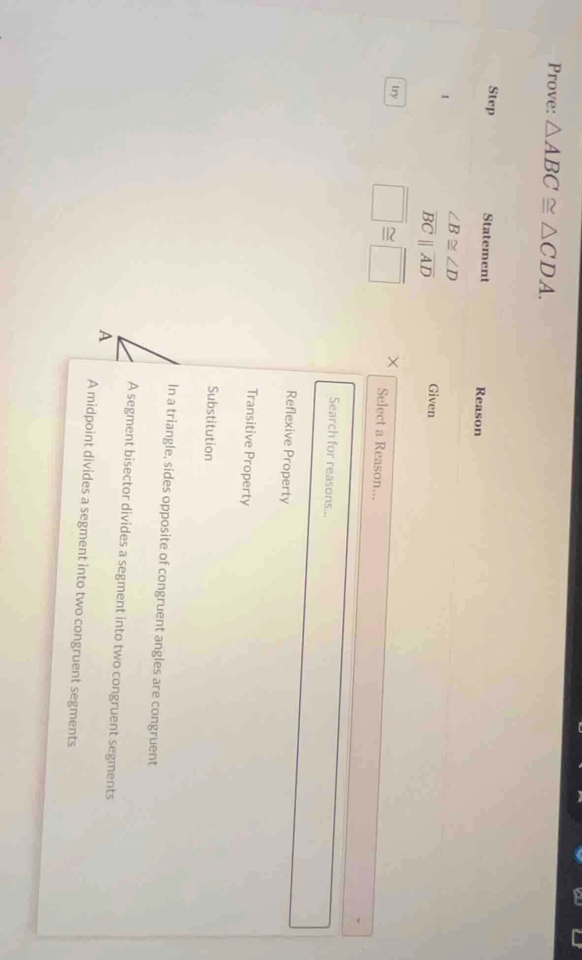 prove: $\triangle abc cong \triangle cda$.step 1statement$angle b cong …